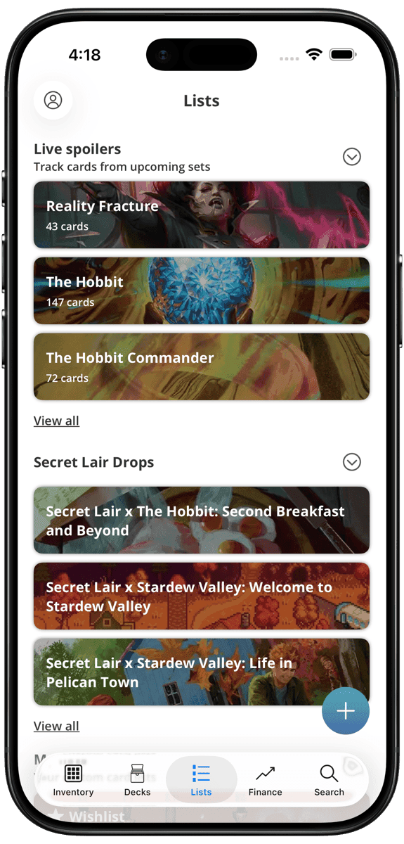 Cascade iOS app lists screen